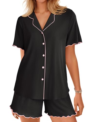 Image of Ekouaer Button Up Pajamas Set for Women Short Sleeve Ribbed Knit Sleepwear 2 Piece Pjs Shorts Set