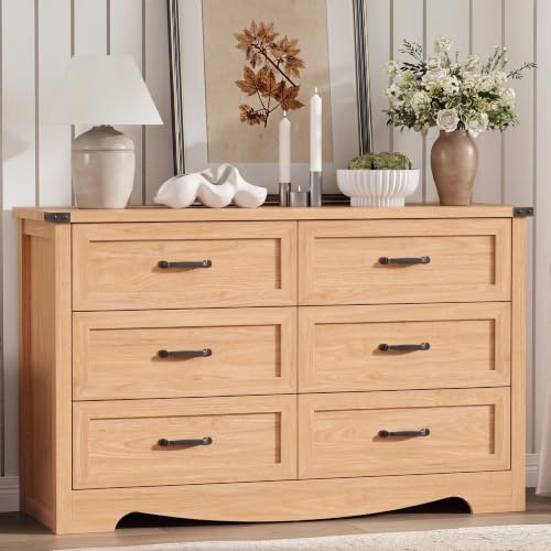 Image of Dresser for Bedroom with 6 Drawers, 54 inch Wide Wood Chest of Drawers with Deep Drawers & Mental Handle, Modern Dresser TV Stand, Wooden Closet Storage Organizer for Living Room, Hallway, Entryway, Oak