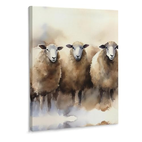 Toile murale aquarelle de moutons 40x30cm encadrée pour salon