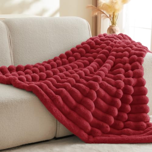 Image of BEDELITE Faux Fur Throw Blanket for Couch, 770GSM, 50 inch x 60 inch, Red | Soft and Cozy Luxurious 3D Striped Fluffy Blanket, Warm Plush Fuzzy Faux Rabbit Fur for Women Gift, Stylish Room Decor