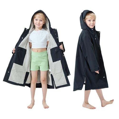 Owntop Waterproof Swim Parka for Kids Youths and Adults - Unisex Hooded Surf Poncho, Oversized High-Low Hem Windproof Changing Robe, Sherpa Winter Warm Beach Towel Jacket with Pockets Black XXS - image 1