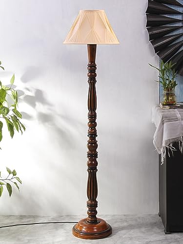 Image of Curtain Pleated Off-White Cotton Floor Lamp with Wooden Base - Height 53 Inches | Elegant Standing Lamp for Living Room, Bedroom & Office | Stylish Home Decor & Lighting