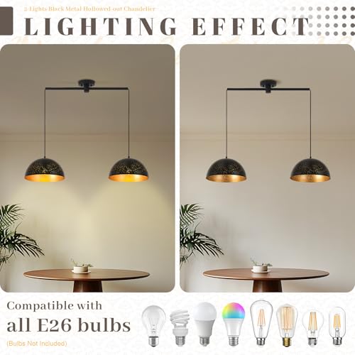 Image of 2-Light Black Linear Pendant Light, Metal Hanging Lamp Matte Finish
