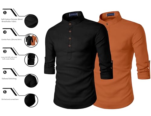 Image of Zombom Men's Combo Cotton Polyester Blend Solid Full Sleeve Straight Regular Fit Mandarin /Chinese Collor Kurta (Pack of 2)