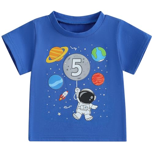 Canis 1-6 Years Birthday Boy Shirt Space Rocket Astronaut Themed T-Shirt with Moon Balloon and Planets Short Sleeve Tee - Main Image