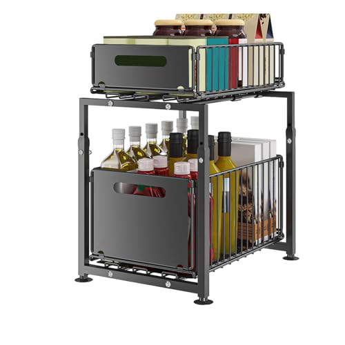 SALADAYS 2-Tier Pull-Out Metal Storage Rack for Kitchen Under Sink & Cabinets Heavy-Duty Iron Organizer with Slide-Out Baskets 4149cm Adjustable Height 29x37.5cm Base