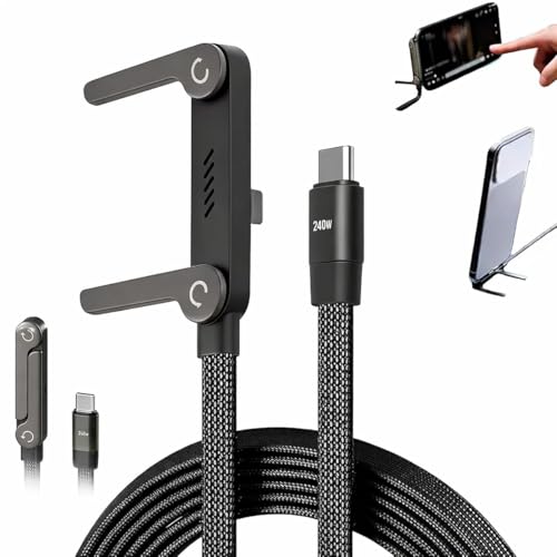 Image of 240W USB-C to USB-C Holder Charging Cable with Foldable Adjustable Metal Phone Stand, 4.9 FT Fast Charging Cable, 360 Rotating Invisible Desk Holder for Gaming, Office, Home & Video Calls