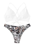 SweatyRocks Women's Sexy Bathing Suit Floral Print Cross Back Bikini Set Swimsuits White Medium