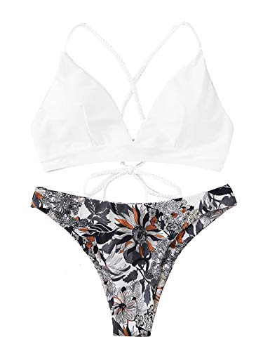 SweatyRocks Women's Sexy Bathing Suit Floral Print Cross Back Bikini Set Swimsuits White Medium