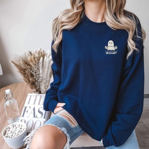 Embroidered Dead Lift Ghost Sweatshirt, Spooky Ghost Family Tee Gift, Halloween Hoodie Embroidery, Halloween Vibe Gift, Ghost Gym Pocket Tee, Present for Her, Cute Thing Lover, Gymnastics Lover3