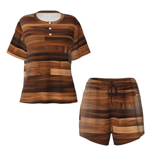Pyjama femme doux ensemble short et haut col rond grain de bois