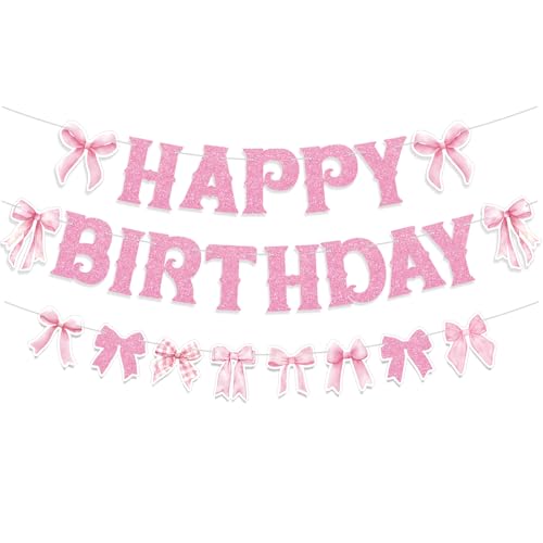 Image of Pink Bow Happy Birthday Banner for Coquette Party Decorations Bow Garland Bunting for Girls Party Decor Favor Supplies
