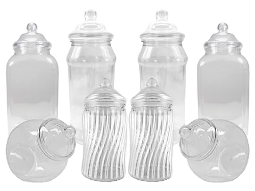 Lot de 8 bocaux à bonbons vides en plastique rétro assortis pour buffet de bonbons – Ajoutez simplement des bonbons (couvercle à pompon transparent)