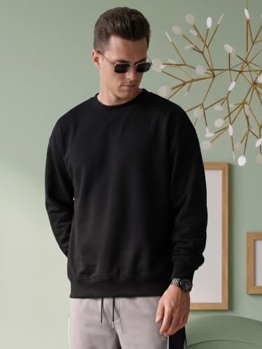 Image of Veirdo Cotton Poly Fleece Oversized Fit Full Sleeves Ribbed Solid Crew Neck Sweatshirt for Men