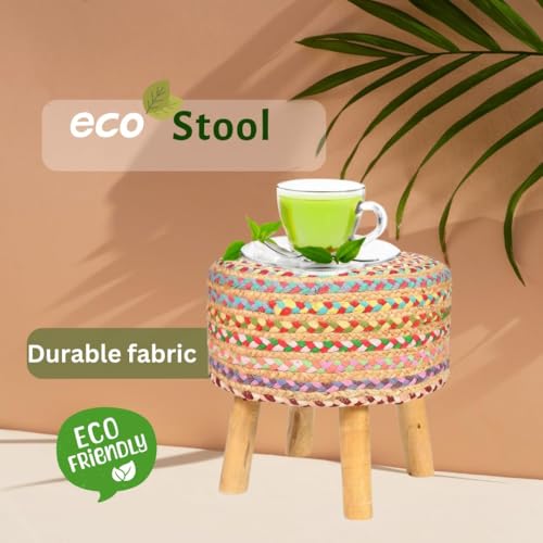 Image of Wooden Ottoman Stools Jute Pouffes for Sitting, Footrest with 4 Wooden Legs Ideal for Living Room, Office, Dressing Table Stylish & Comfortable Furniture for Home Decor,Multiolor (2 Pack)