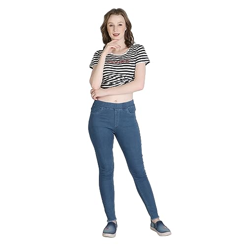 Image of 3 Butterflies!!! Women's Denim Denim Lycra Blend Skinny Fit Jeggings with Stretchable High-Rise Waist Ankle Length Solid Pattern and Elastic Closure Type