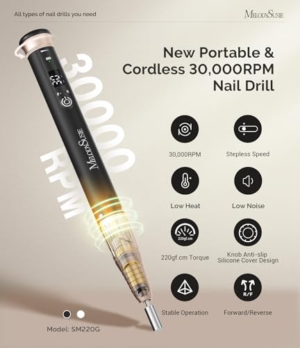 Image of MelodySusie Pen-Shaped Stepless Speed Adjustment Cordless Nail Drill, SM220G 30000RPM Portable Rechargeable E-File with Rotary Lock for All Manicure Shaping & Acrylic Gel Removal for Pros at Home