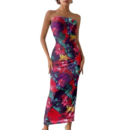 Image of Women's Tube Top Maxi Dresses Printed Tie Dye Strapless Bodycon Long Dress Split Side Sleeveless Party Elegant Outfits