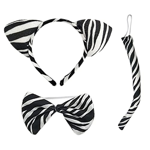 LSYYSL 3-teiliges Zebrakostümset, Ohren Haarreifen, Schleife, Schwanzzubehör, Zebratier-Rollenspiele, geeignet für Kinder und Erwachsene Halloween Karnevalsparty verkleiden sich