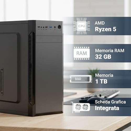 PC Fisso Completo - Computer Desktop AMD Ryzen 5 3400G • RAM 32GB DDR4 • SSD 1TB NVMe M.2 • Grafica Radeon Vega 11 • Wi-Fi AC e Bluetooth • Masterizzatore DVD • HDMI • USB 3.0 • Windows 11 Pro - PC Desktop - Immagine 1
