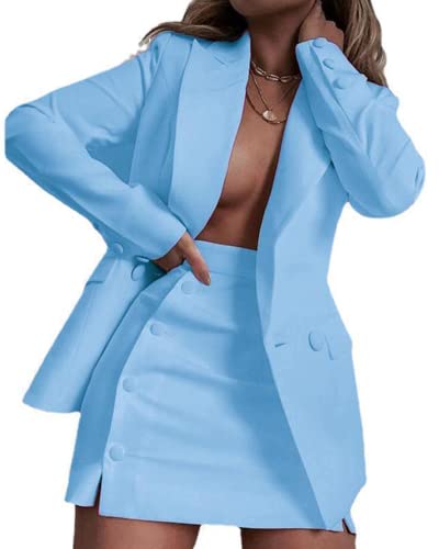 Womens 2 Piece Notched Long Sleeve Blazer and Skirt Set Office Button Suit Jacket&Skirt Outfit Set