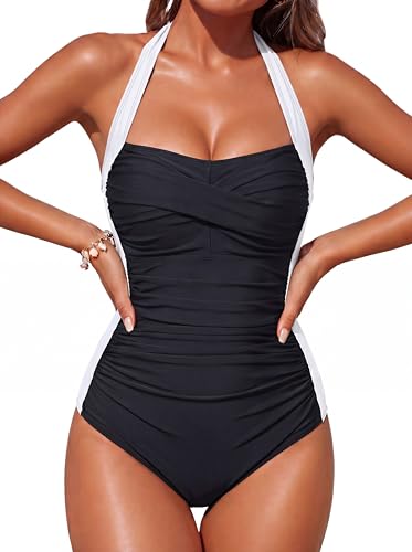 Image of Smismivo Tummy Control Swimwear Halter One Piece Slimming Vintage Retro Swimsuit Womens Ruched Push Up Bathing Suit