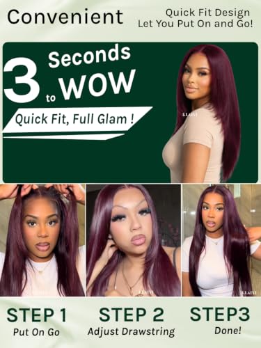 Image of KLAIYI Black Cherry Layered Straight 7x5 Pre Cut Lace Front Wigs Human Hair Bye Bye Knots Glueless Ready to Wear Go Wig Pre Plucked Pre Bleached Dark Burgundy Wine Red Beginner Wig 180% Density 22Inch
