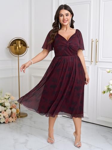 Image of Womens Plus Size Wedding Guest Dress V Neck Short Sleeve Floral Boho Tulle Dress A Line Cocktail Formal Dresses