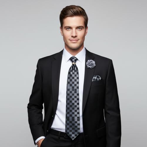 Image of 5PCS Mens Premium Silk Tie, Pocket Square, Cufflinks, Drilled Tie Ring and Lapel Pin Set for Wedding Groom Party