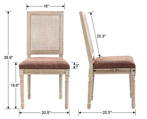 Chairus Farmhouse Rattan Dining Chairs Set Of 2, Leather French Country Chairs With Square Back, Rustic Wood Legs Side Chairs For Kitchen/Restaurant/Dining Room/Living Room, Brown - 2 Pcs #TOP1