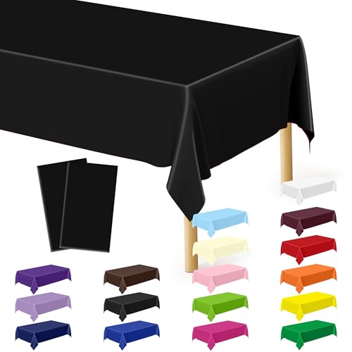 Image of 2 Pack Picnic Table Cover, 108 x 54 Inches Black Plastic Tablecloth, Decorative Black Rectangle Tablecloth Disposable Tablecover Party Table Cloth, Waterproof Decor Party Supplies for Outdoor Indoor