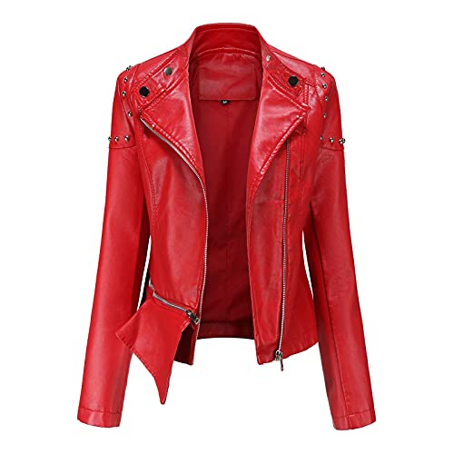 Faux Leather Jacket for Women Bomber Jacket Trendy Studded Rivet Long Sleeve Leather Jackets Moto Coat for Biker