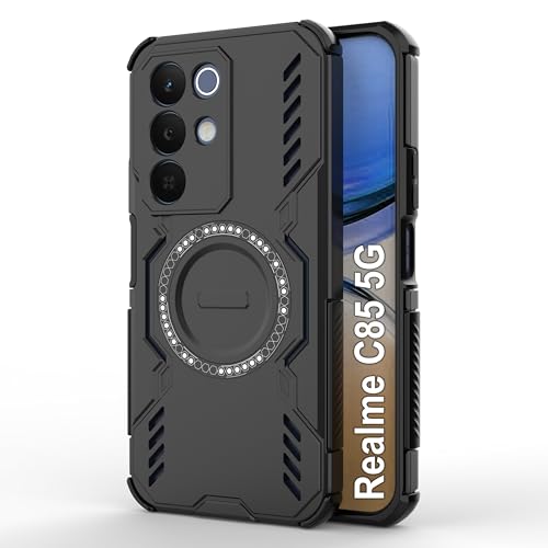 Image of amazon basics Back Case Cover for Realme C85 5G | Magnetic Case with Built-in Metal Ring | Supports MagSafe Charger, Wallet & Car Mount | Shockproof Hybrid PC + TPU | Black