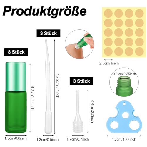 dusaniyali 8 Stk Roll On Glasflaschen für Ätherisches Öl, 5ml Leer Roller Flaschen mit Öffner, Trichter und Tropfer, Roll On Flasche Leer 5ml mit Edelstahl Roller für Ätherische Öle, Parfums, Lotionen
