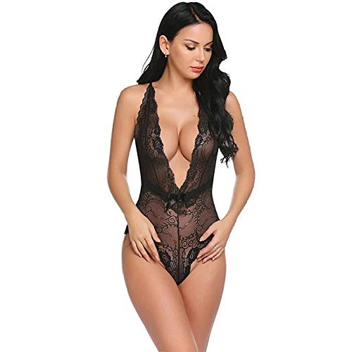 Lingerie sexy femme en dentelle florale col en V et body transparent pour nuits érotiques