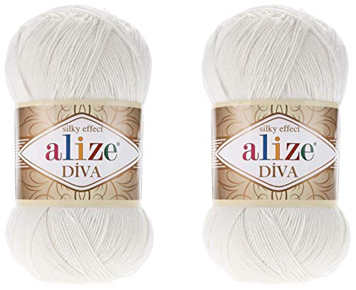 Alize Diva Yarn Hand Knitting 100% Microfiber Acrylic Silk Effect Thread Crochet Art Lace Craft 2 Skeins 200gr 767 Yds (450 - Pearl)
