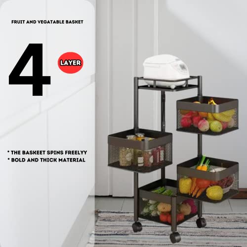 Image of KWER Metal Portable Kitchen Square Trolley with Wheels Onion Basket, Storage Organizer Accessories for Items & Vegetable, Black, Layer 4