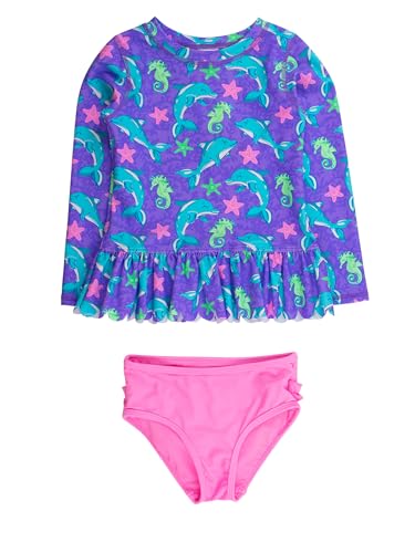 Image of RuffleButts Baby /Toddler Girls Scalloped Long Sleeve Rash Guard 2-Piece UPF50+ Sun Protected Swimsuit