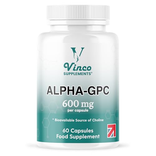 Vinco Alpha GPC 600mg in One Capsule - 60 Capsules = 60 True Servings - Pure Choline Supplement - Nootropic for Brain Support Focus Memory Motivation & Energy - Alpha GPC Rich - Made in The UK