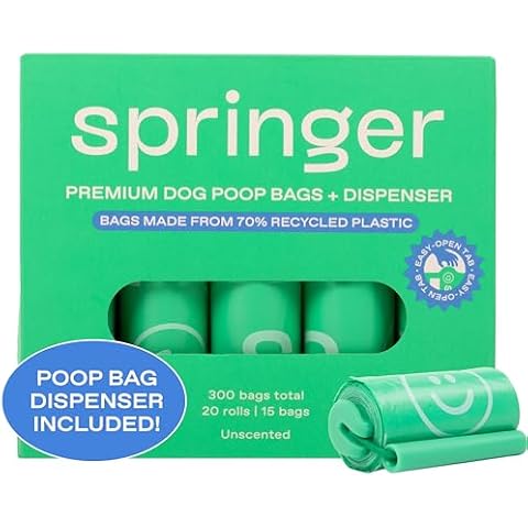 Springer Premium Dog Poop Bags - 20 Rolls (300 Bags) + Springer Green Dispenser - Made from 70% Post-Consumer Recycled Plastic | Designed with Easy-Open Tabs Cover