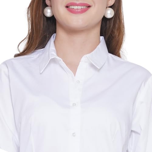 Image of Women's Cotton Solid Long Sleeve Shirt - Formal & Casual Button-Down Long Sleeve Collared Top for Office, Workwear 100% Soft Breathable Cotton Fabric