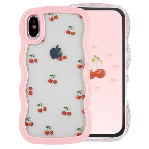 Draamvol for iPhone X, iPhone XS Case Cute Curly Wave Frame Clear Phone Case Shockproof Pink Hard PC Bumper Soft Anti-Yellowing TPU Silicone Cover for Women Girls, Cherry