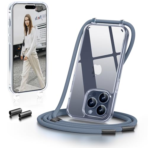 GOODVISH Handykette iPhone 15 Pro Max Hülle mit Band 6 7 Zoll Transparent Necklace Handyhülle mit Kette Stossfest Schutzhülle [Abnehmbar Umhänge] Stylische iPhone 15 Pro Max case Blau