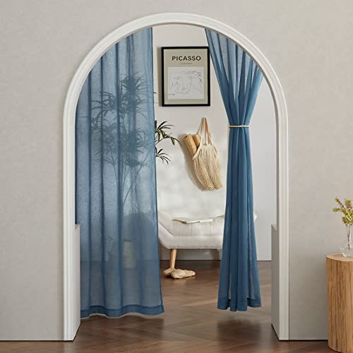 NICETOWN Flax Linen Sheer Curtains for Living Room, (Stone Blue) Grommet Vertical Drapes Semi Sheer Linen Curtains Privacy with Light Filtering for Villa/Farmhouse, W52 x L84, 1 Pair