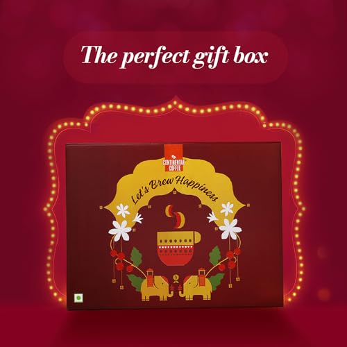 Image of CONTINENTAL COFFEE Gift Box Hamper Set | Continental Speciale Vanilla & Caramel Flavoured Coffee Powder 50gm Jar | Premium Tumbler 350ml | Stainless Steel Electric Handheld Frother | Festival Gift | Diwali Gift Box
