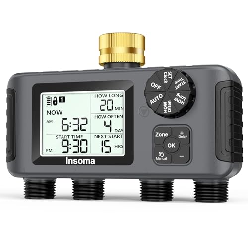 Insoma 4 Zones Sprinkler Timer with Brass Inlet, Water Timer for Garden Hose with Auto/Manual/Rain Delay Mode, Hose Timers for Irrigation Watering System for Yard, Lawn, Plant Watering by Insoma - Used condition - US$56.42