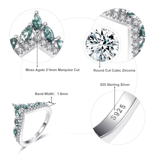 Engagement Rings for Women 925 Sterling Silver Wedding Band Natural Moss Agate/Black Rutilated Quartz Gemstone Rings Promise Ring Size 5-93