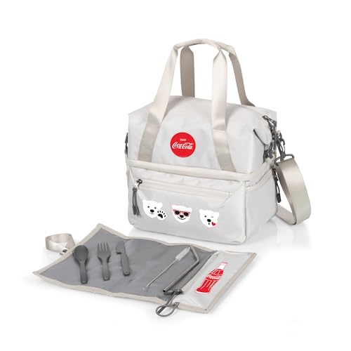 PICNIC TIME Coca-Cola Tarana Lunch Bag Cooler with Utensils Made from Recycled Material, Lunch Box with Picnic Set, Upcycled Lunch Cooler Bag, (Halo Gray)