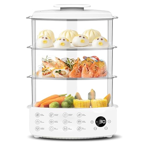 電気蒸し器 3段 蒸し器 電気 スチームクッカー 24L 大容量 電気汽船 多機能 家庭用 二重三層蒸し器 朝食用機械 卵蒸し器 スチーマー 24H予約タイマー/2H保温 乾燥防止保護付き 自動電源オフ 蒸し料理用各種熱源対応