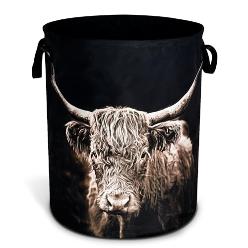 Image of Highland Cow Laundry Basket Animal Foldable Oxford Cloth Funny Tote Bag Laundry Hamper Clothes Storage Bucket Organizer For Bathroom/Laundry Storage/Bedroom Storage Basket 17.7x13.7Inch